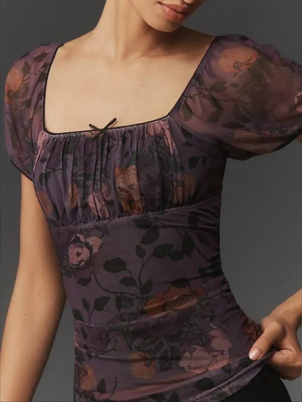 Maeve Purple Floral Sheer Puff-Sleeve Blouse Sz S